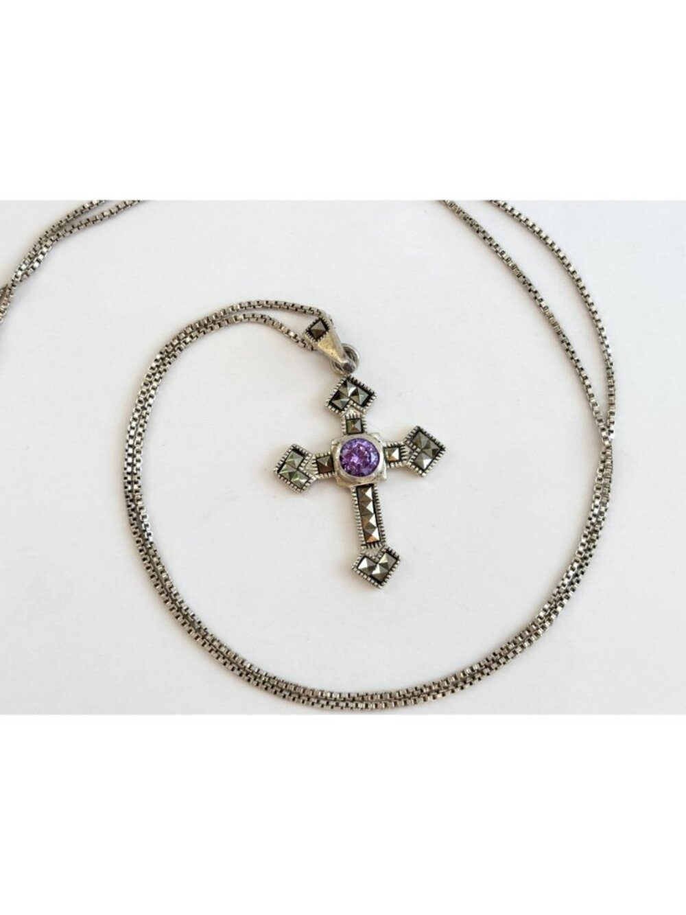 Art Deco Amethyst & Marcasite Sterling Silver 925 Vintage Pendant Necklace - 20" - Picture 11 of 16